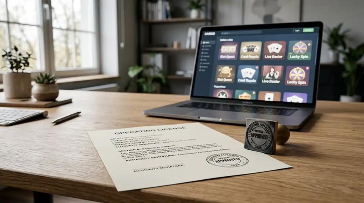 Casino zonder licentie 2026 — neutraal vergunningsdocument naast laptop met casinolobby